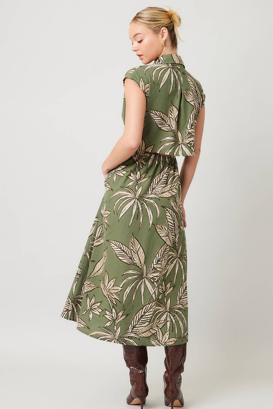 Printed Linen Cut Out Back Midi Dress : OLIVE / IM8755