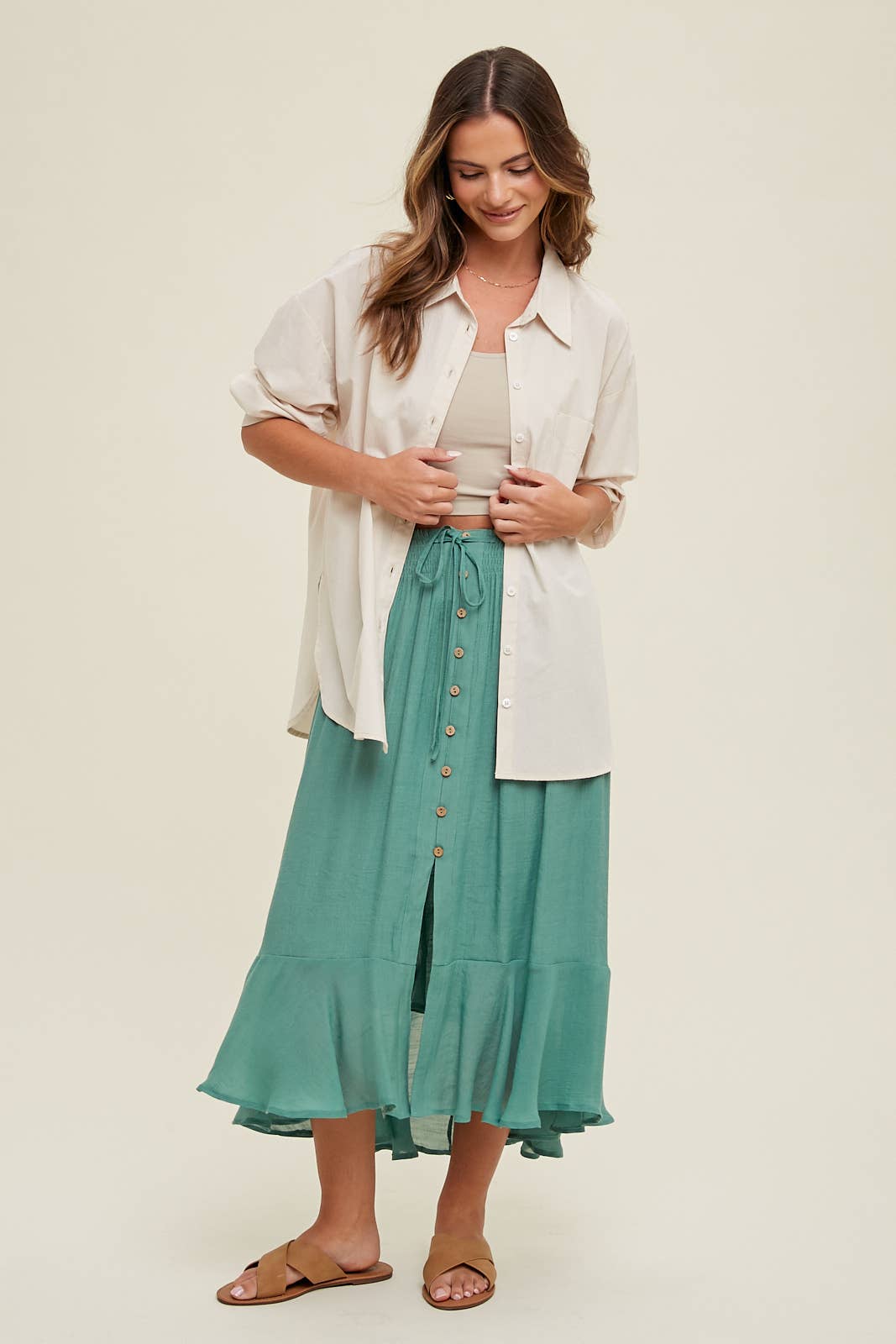 BUTTON-UP MIDI SKIRT WITH DRAWSTRING / WL23-7528: HAZELNUT