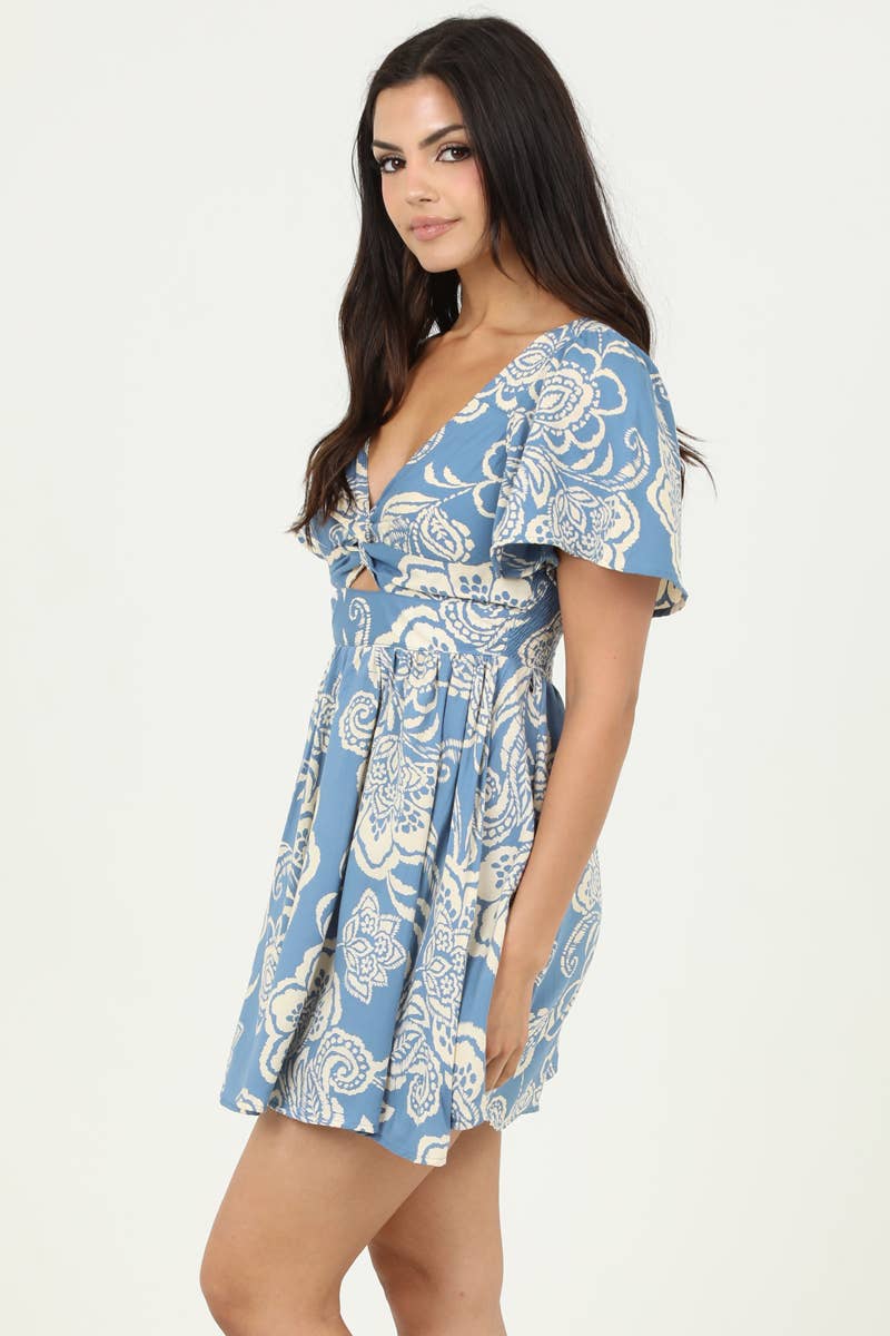 C4458-A888 V NECK TWIST FRONT SHORT SLEEVE DRESS W CUT OUT