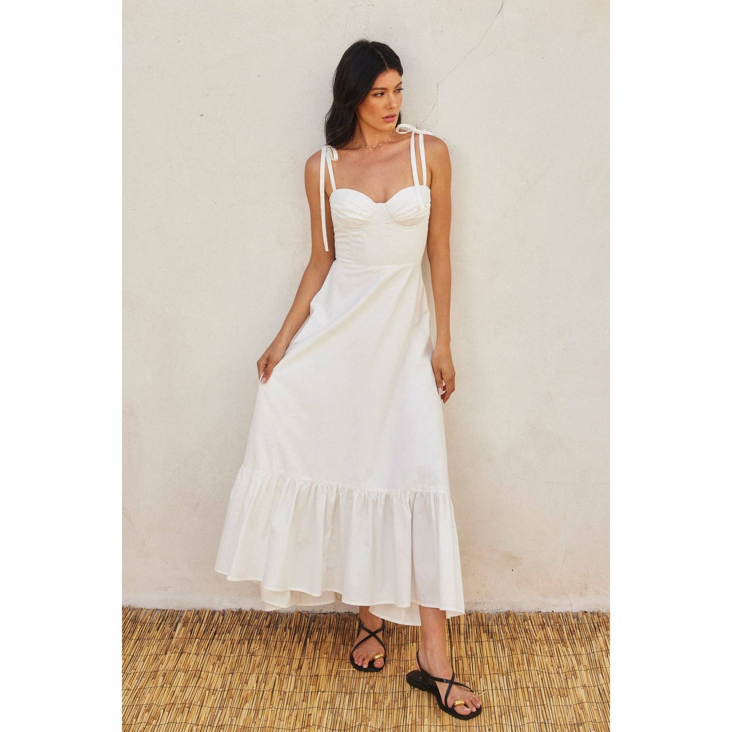 Cotton Poplin Ruched Detail Maxi Dress: WHITE / FD12060-CP175