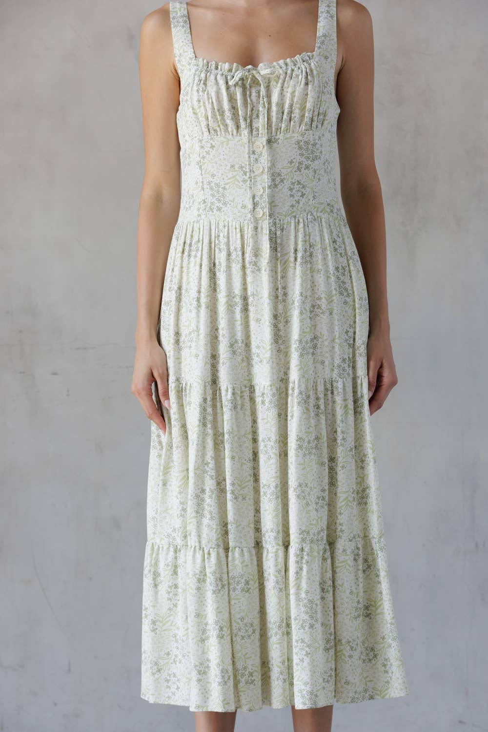 SDJD6374-1-SLEEVELESS FLORAL PRINT MIDI DRESS: IVORY/GREEN