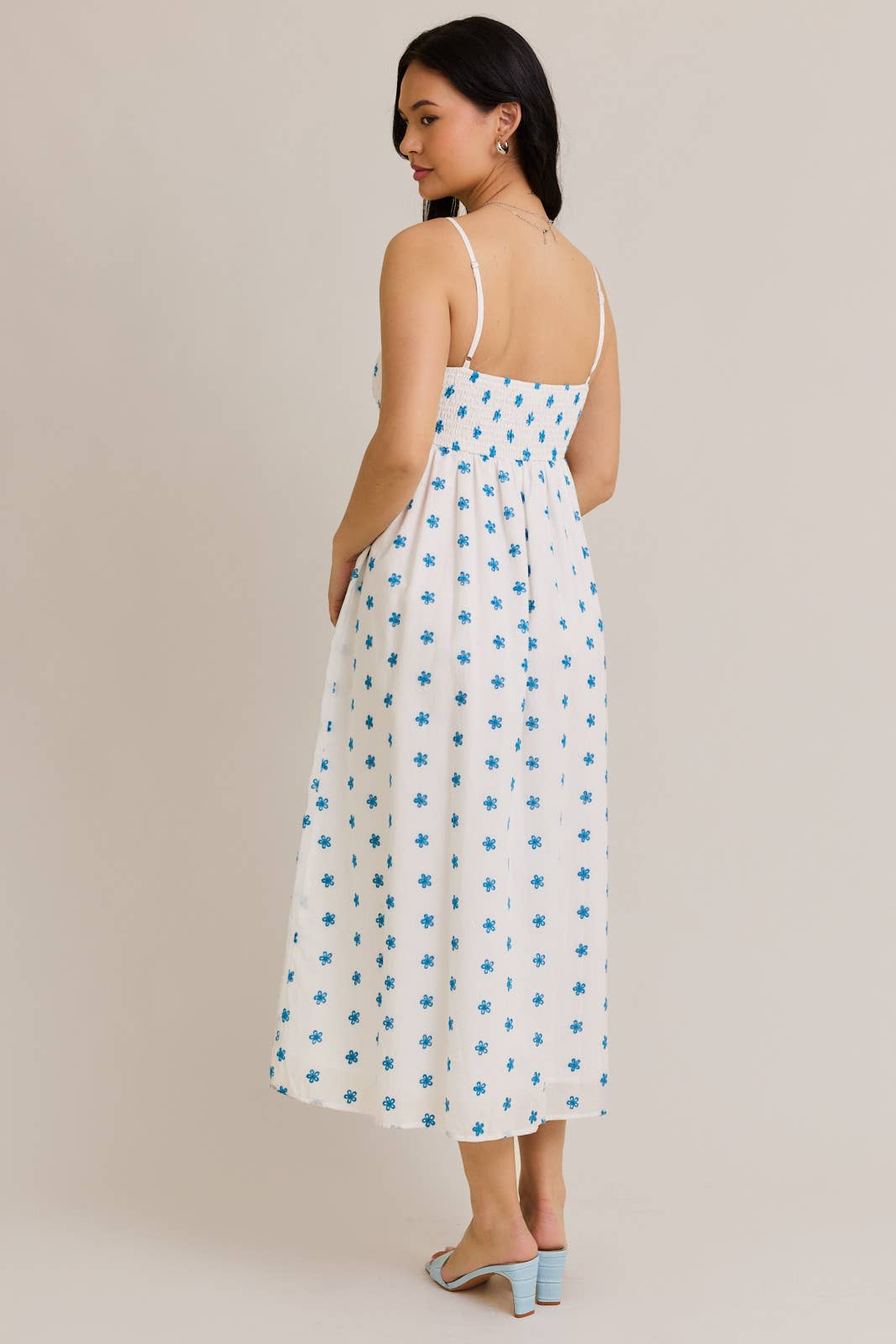 SMOCKED BABY DOLL MAXI DRESS: WHITE-BLUE FLORAL / SD3032