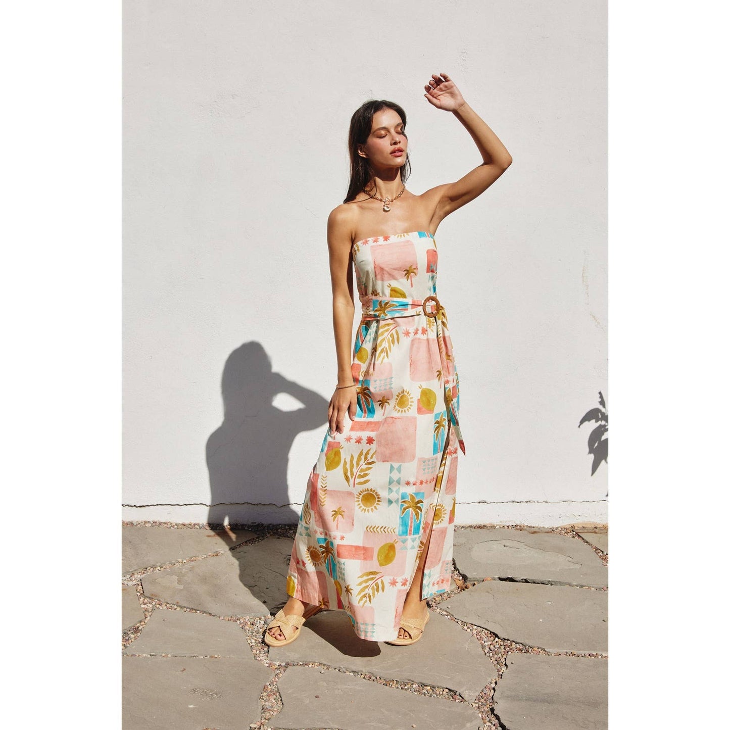 Moroccan Spring Rattan Belt Strapless Maxi Dress: AMALFI COAST / FD12672-P1900