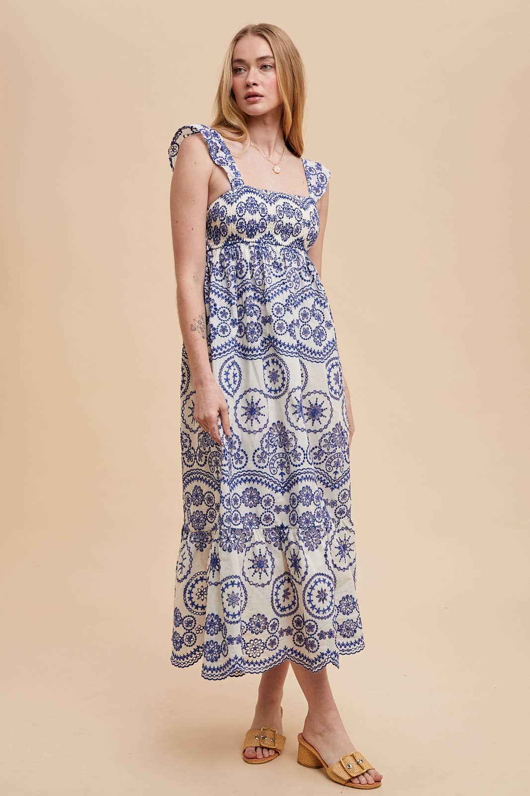 COTTON EMBROIDERED EYELET MAXI DRESS: SANTORINI / ILD6265