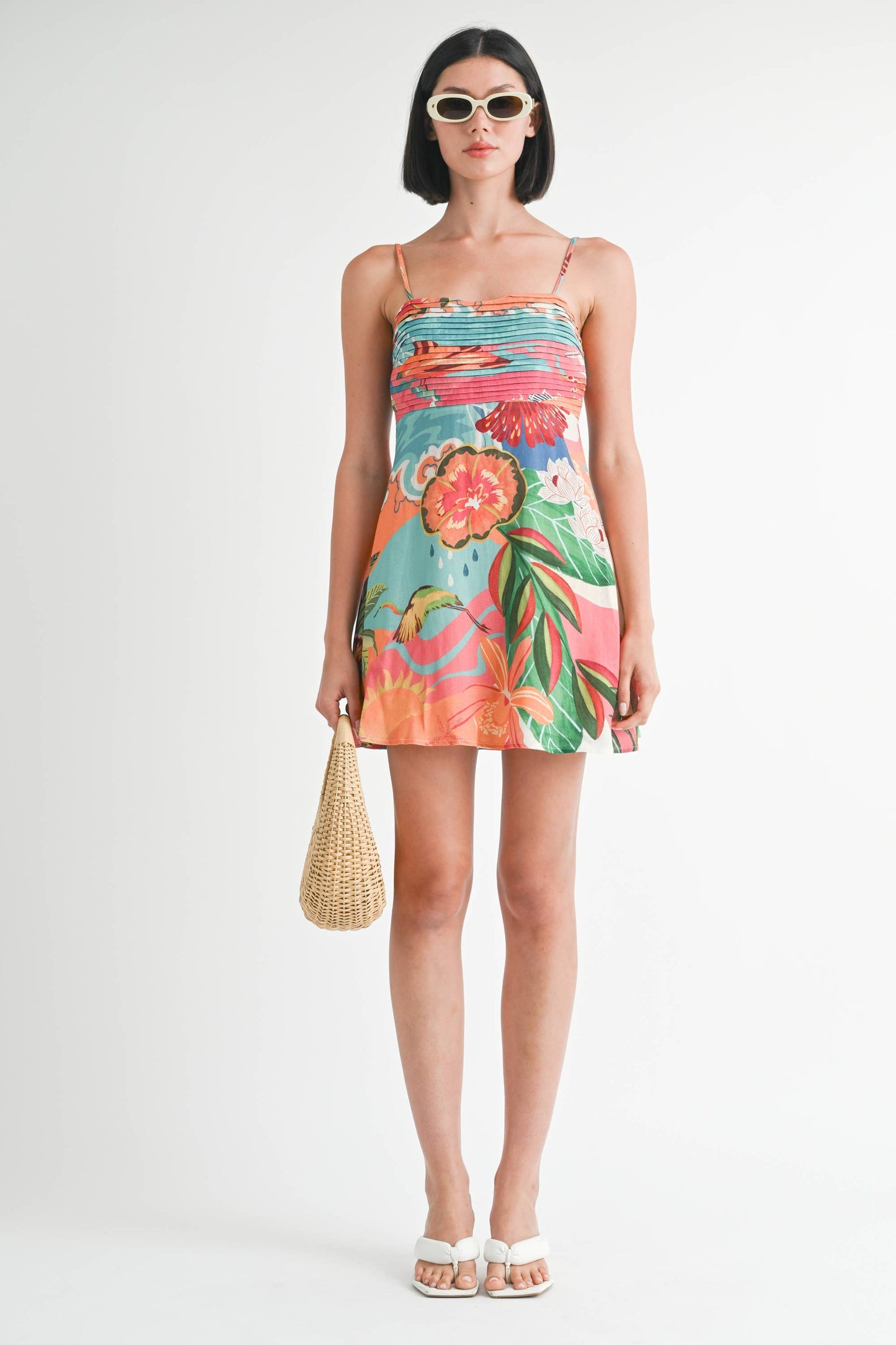 A LINE SLEEVELESS MINI DRESS: TANGERINE TEAL PRINT / IPA2252D
