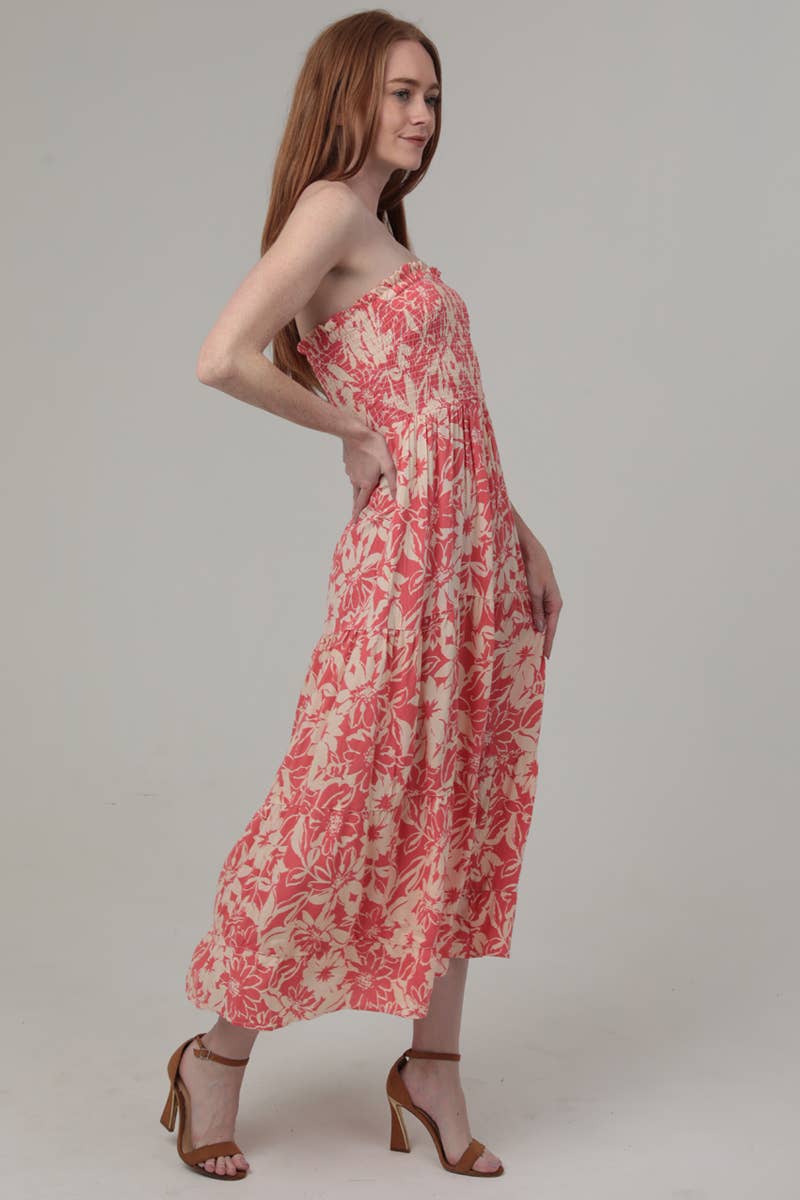 C4E68-FR34 SMOCKED BUST STRAPLESS FLORAL PRINT MIDI DRESS