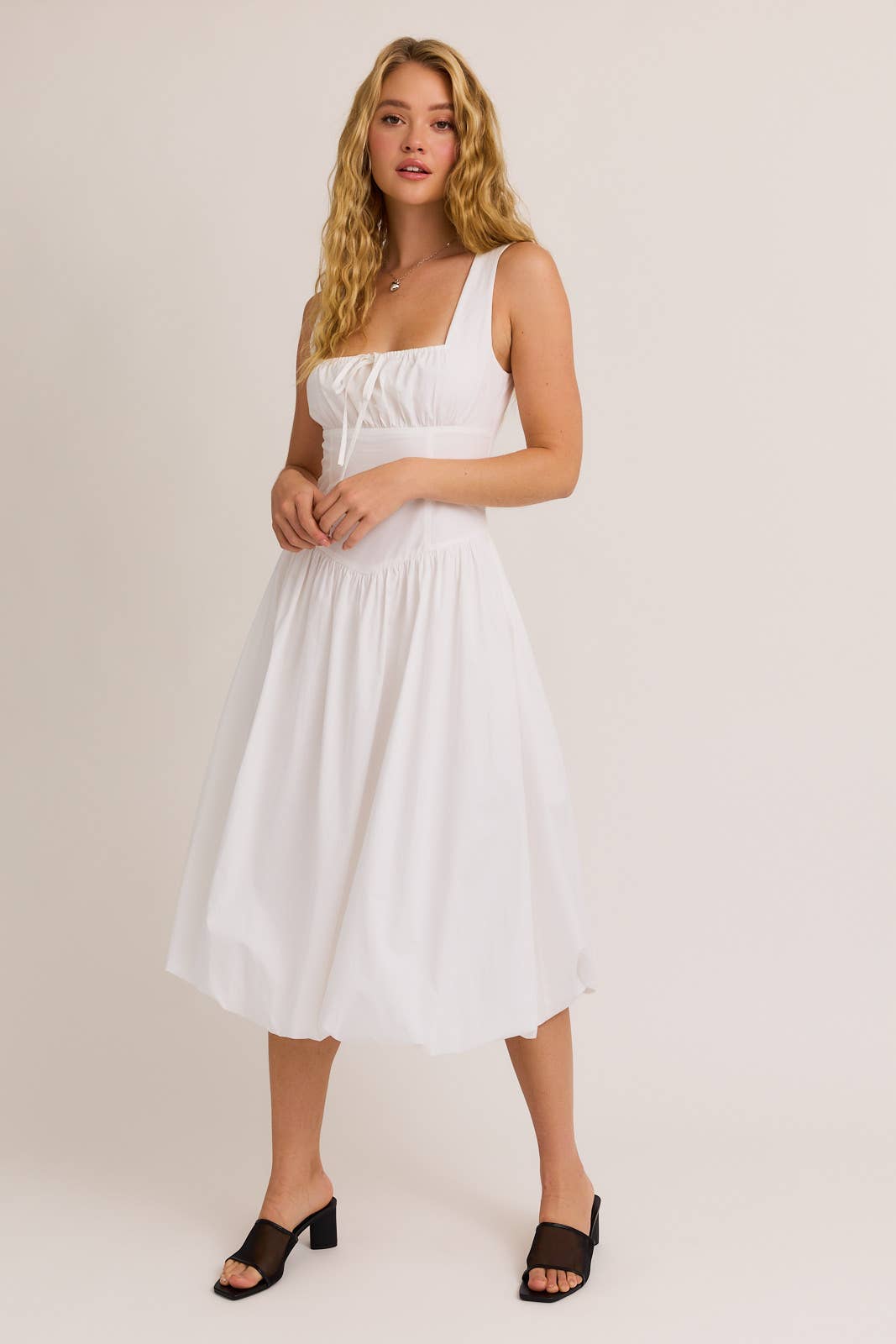 SQUARE NECK BUBBLE HEM MIDI DRESS : White / SD2742