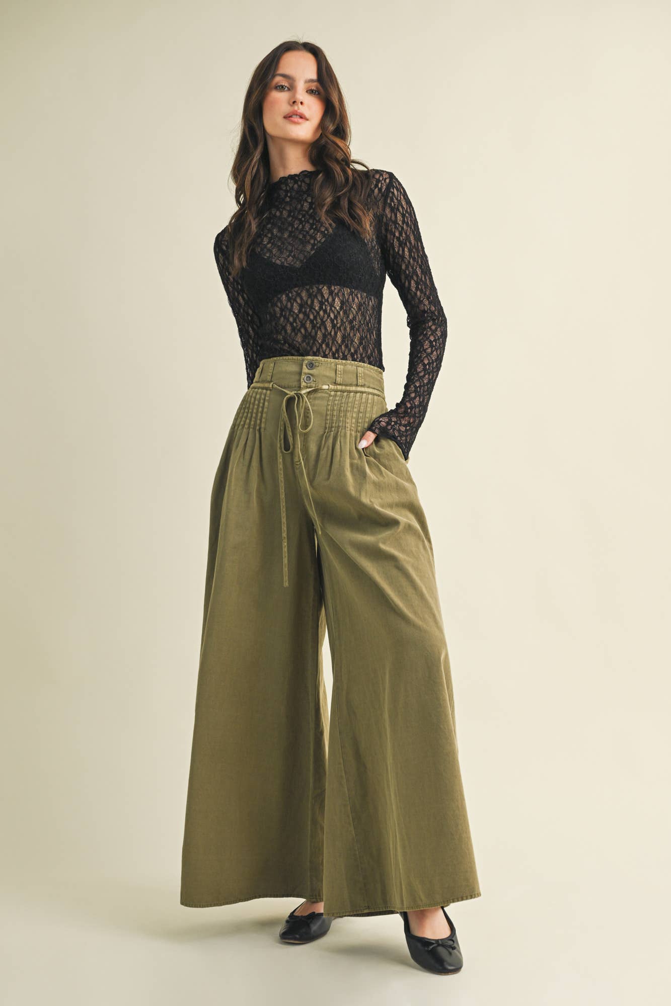 PINTUCK WIDE LEG PATNS: OLIVE / GS30006