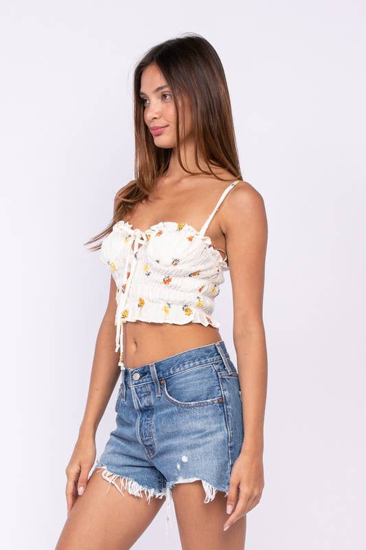 FLORAL SLEEVELESS CORSET STYLE RUFFLE CROP TOP: Joy / SM-T10177B
