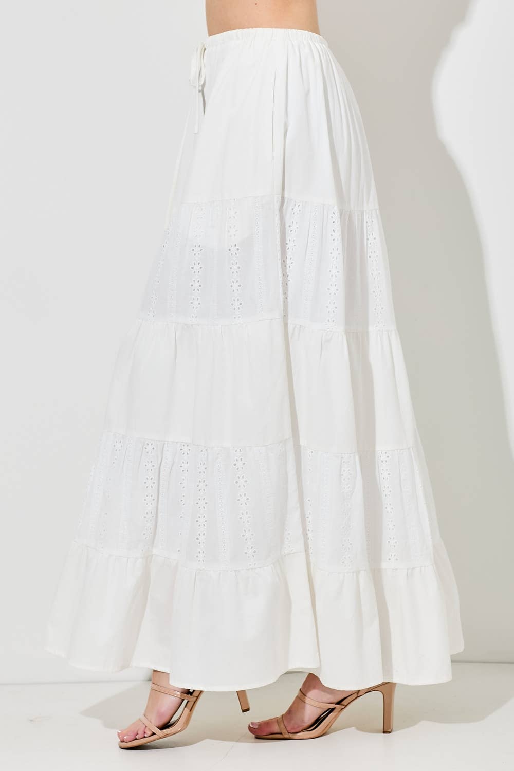 COTTON EYELET MIX MAXI SKIRT: IVORY / BK1243-F