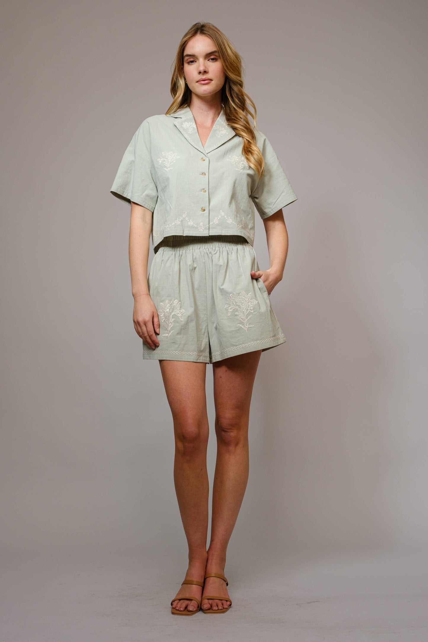 Shorts only 💖💖💖 - Cotton Embroidered Crop Shirt Set: TAN / 94380SET