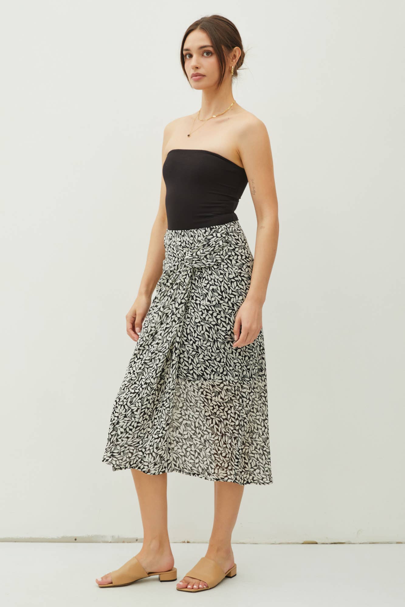 PRINT DRAPED SIDE KNOT MIDI SKIRT: Sea Green / 71106