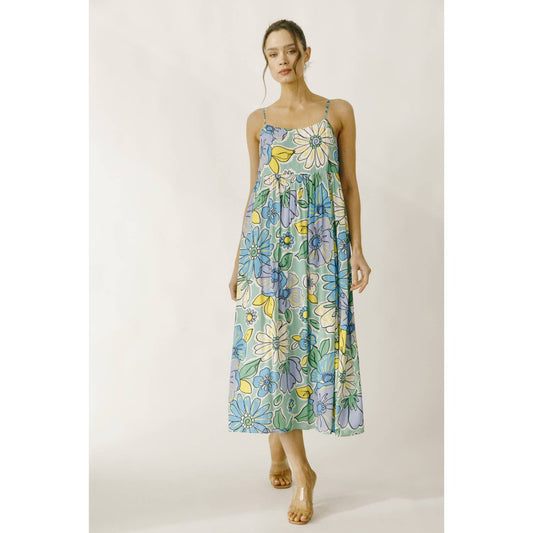 JD4711-1- LARGE BRIGHT FLORAL BABY DOLL MIDI DRESS: GREEN