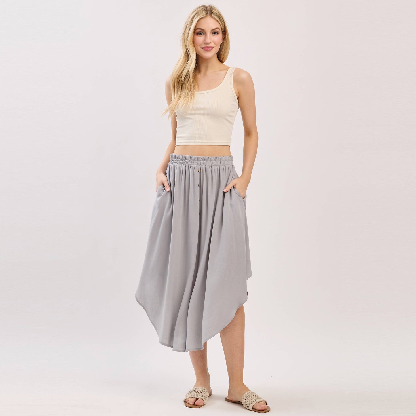 Solid Elastic Waist Midi Skirt - NS80162D: Dune
