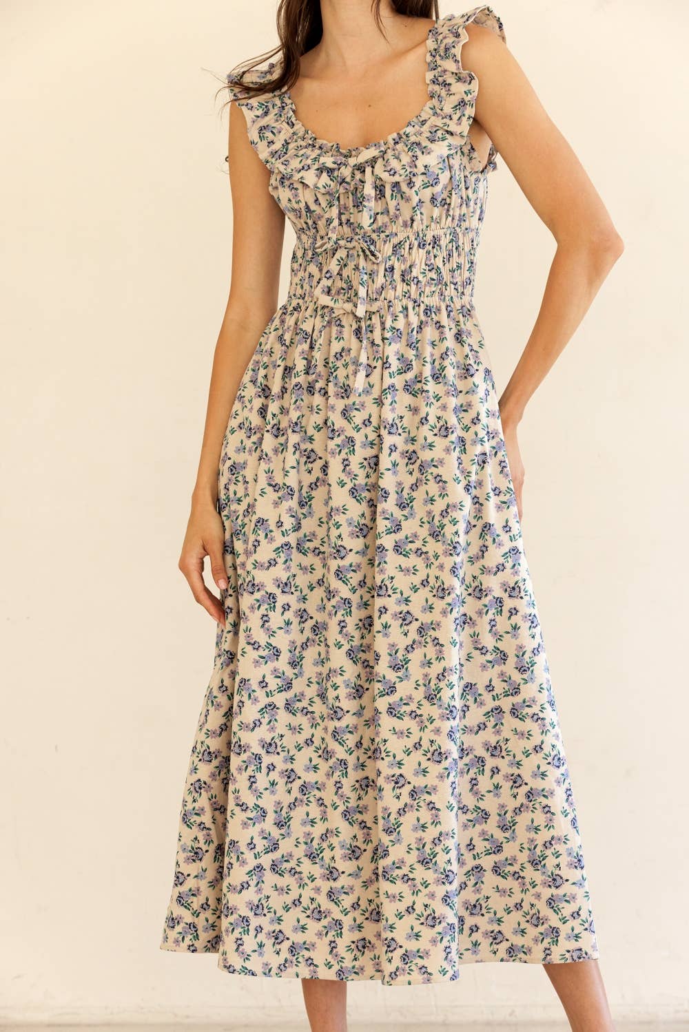 JD9158-RUFFLED SHOULDER MIDI DRESS: BEIGE
