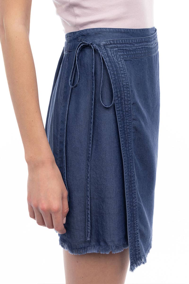 TENCEL™ Asymmetrical Wrap Skirt With Fray Hem - ES119171: Vintage Blue