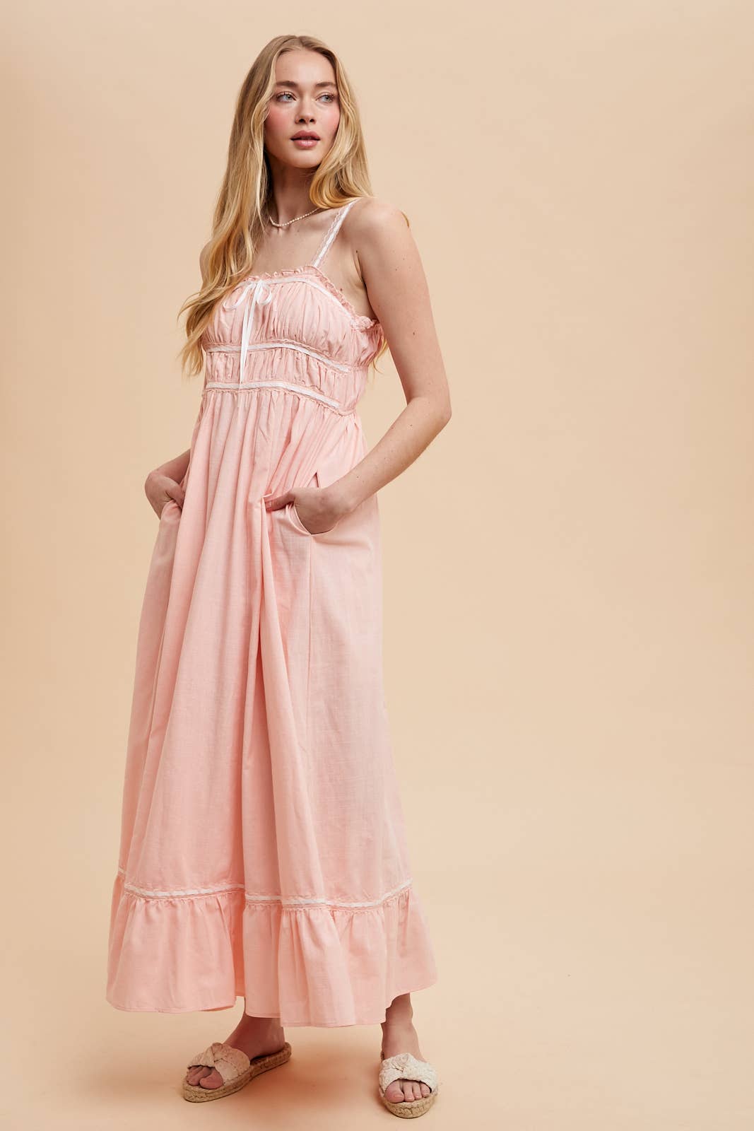 CONTRAST LACE COTTON MAXI DRESS: OFF-WHITE / ILD6204