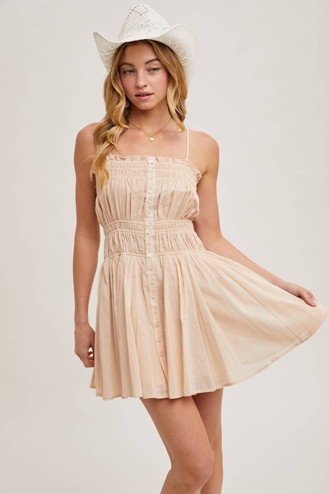 SMOCKED BUTTON DOWN SLEEVELESS MINI SLIP DRESS: PLUM / D02287