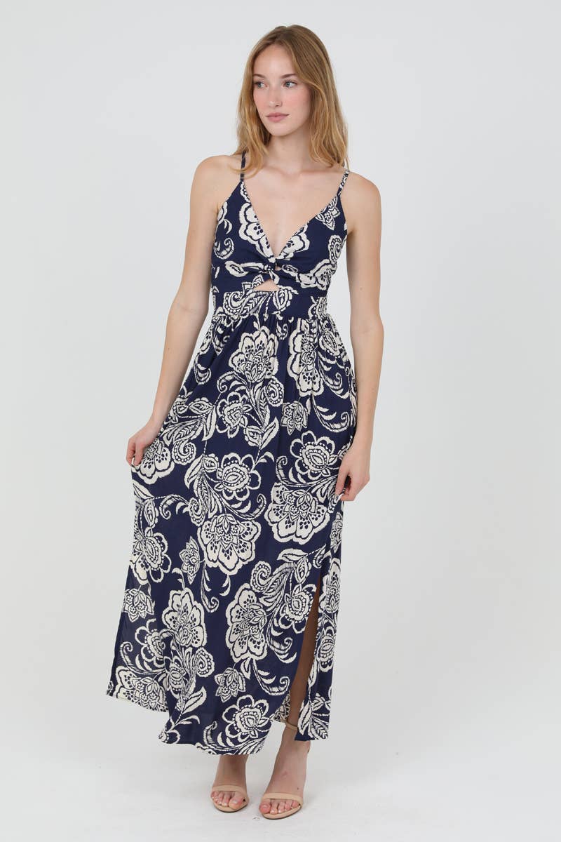 F4B48-A888 V NECK TWIST FRONT MAXI DRESS WITH SIDE SLITS