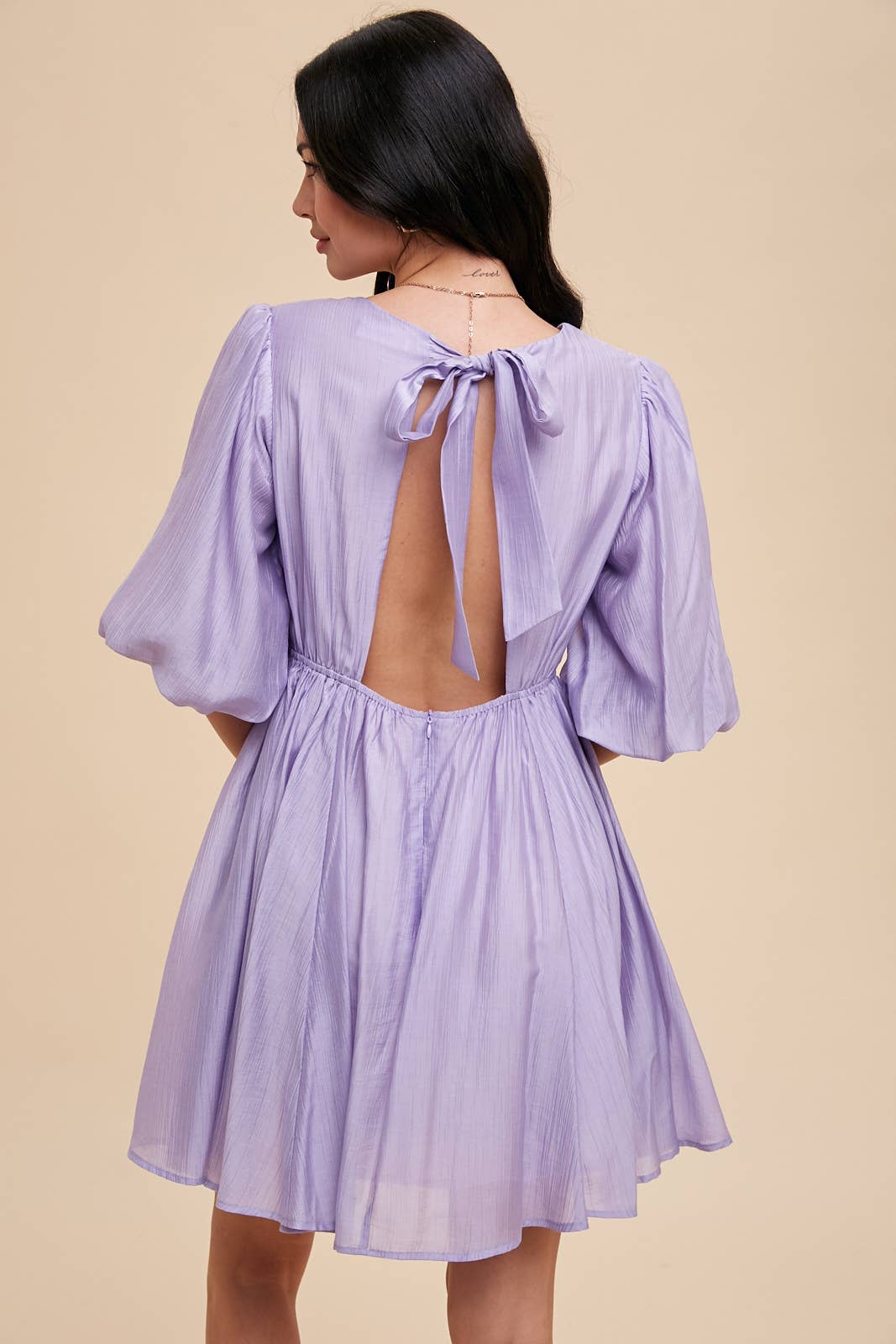 TENCEL BLEND PUFF SLEEVE MINI DRESS: ILD5681 / OFF WHITE