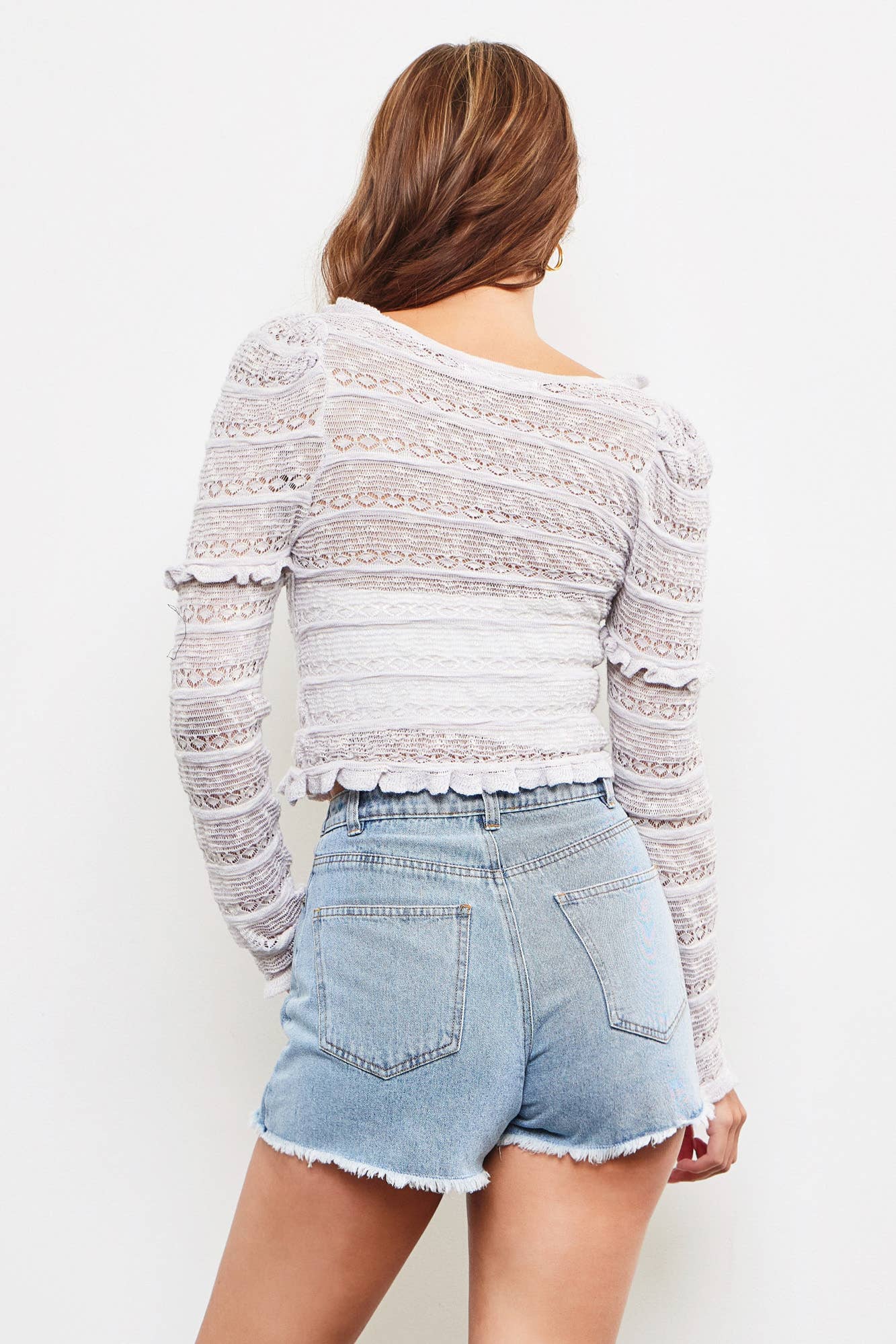 HOLLOW RUFFLE KNIT TOP: LT.GREY / S23237