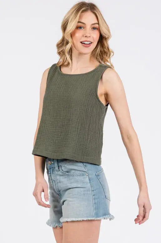 Cotton Gauze Round Neck Sleeveless Top - NT31273A: Black