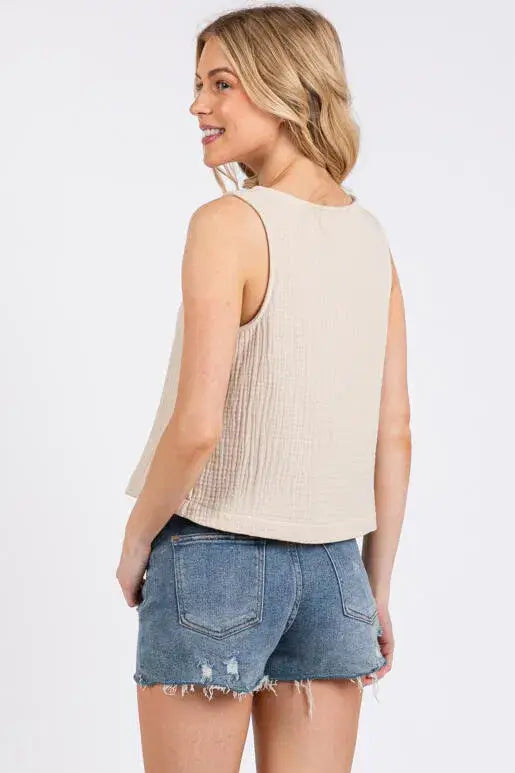 Cotton Gauze Round Neck Sleeveless Top - NT31273A: Black