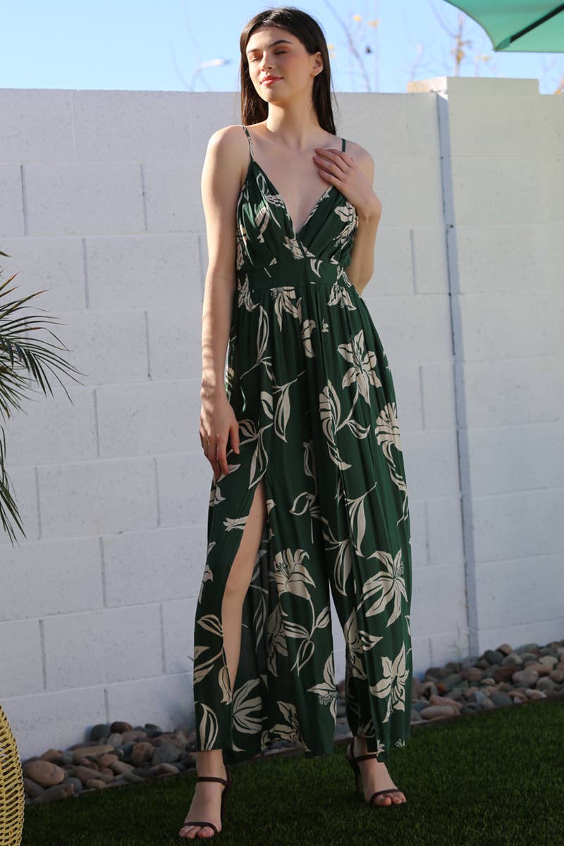 B5957-W921 V NECK SLIT LEG JUMPSUIT FLORAL PRINT: Blue