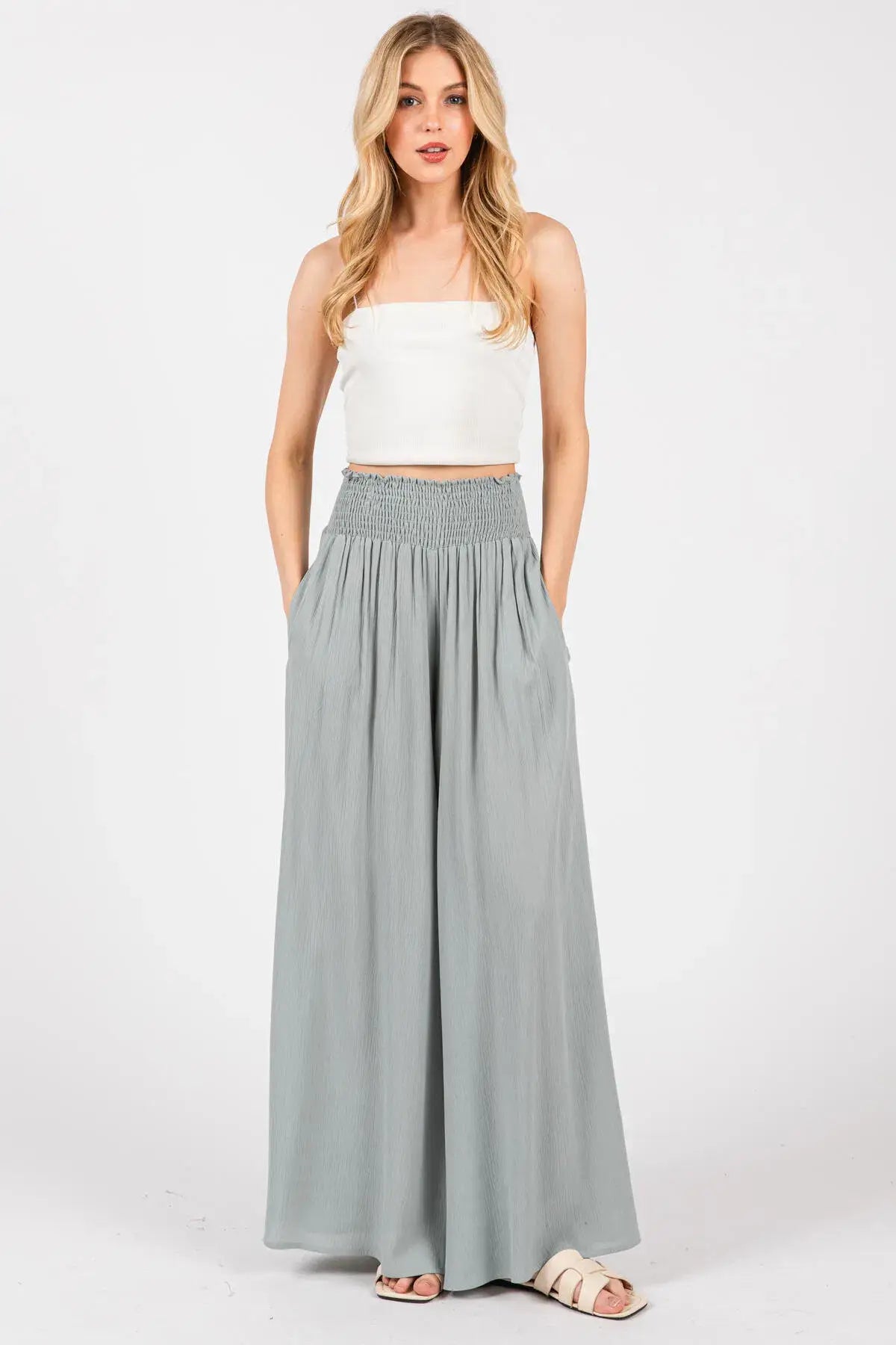 Smocked Waist Wide Leg Pants - NP16530Y: Military Green