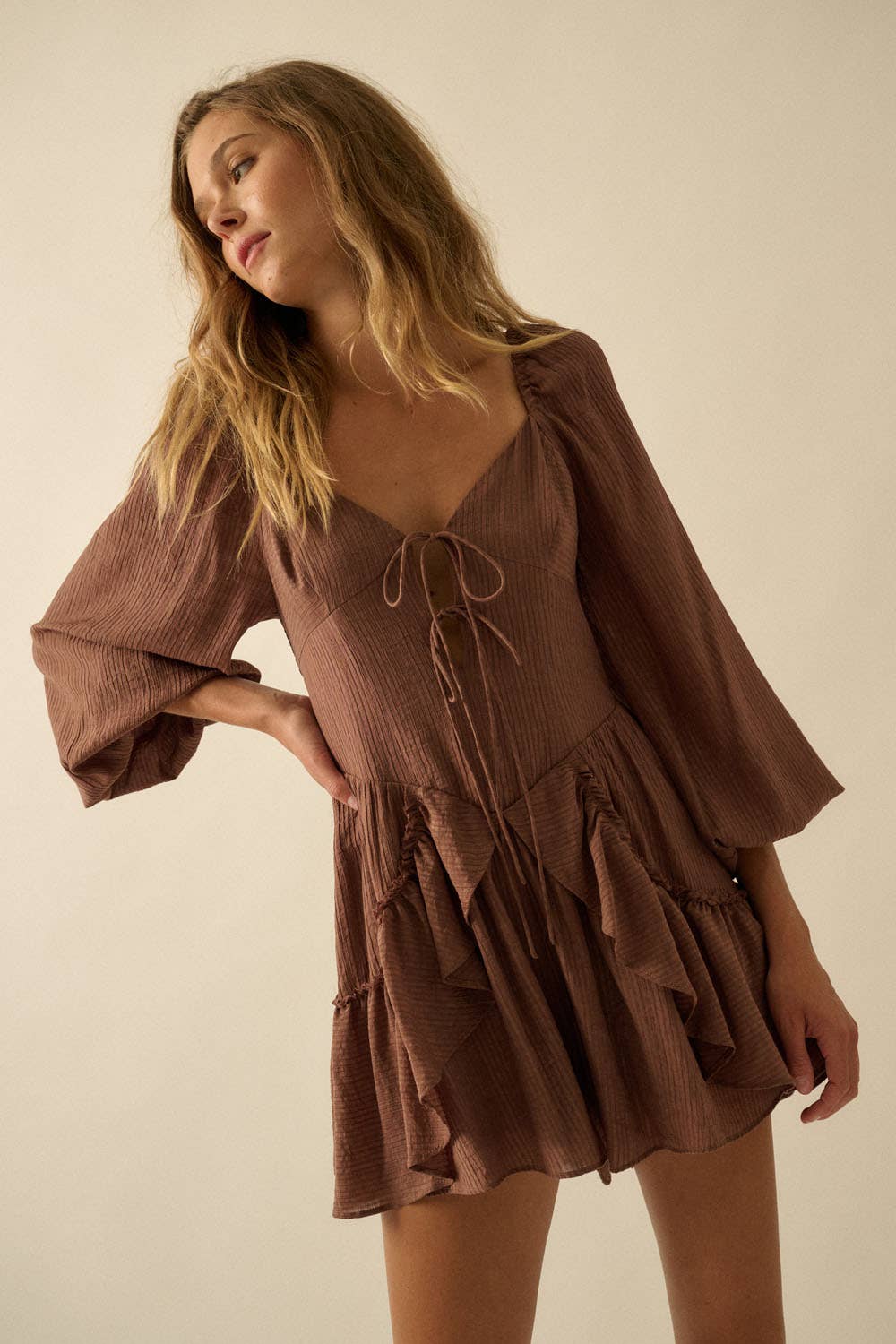 Tonal-Stripe Ruffled Tie-Front Peasant Romper: OATMEAL / NPC2301