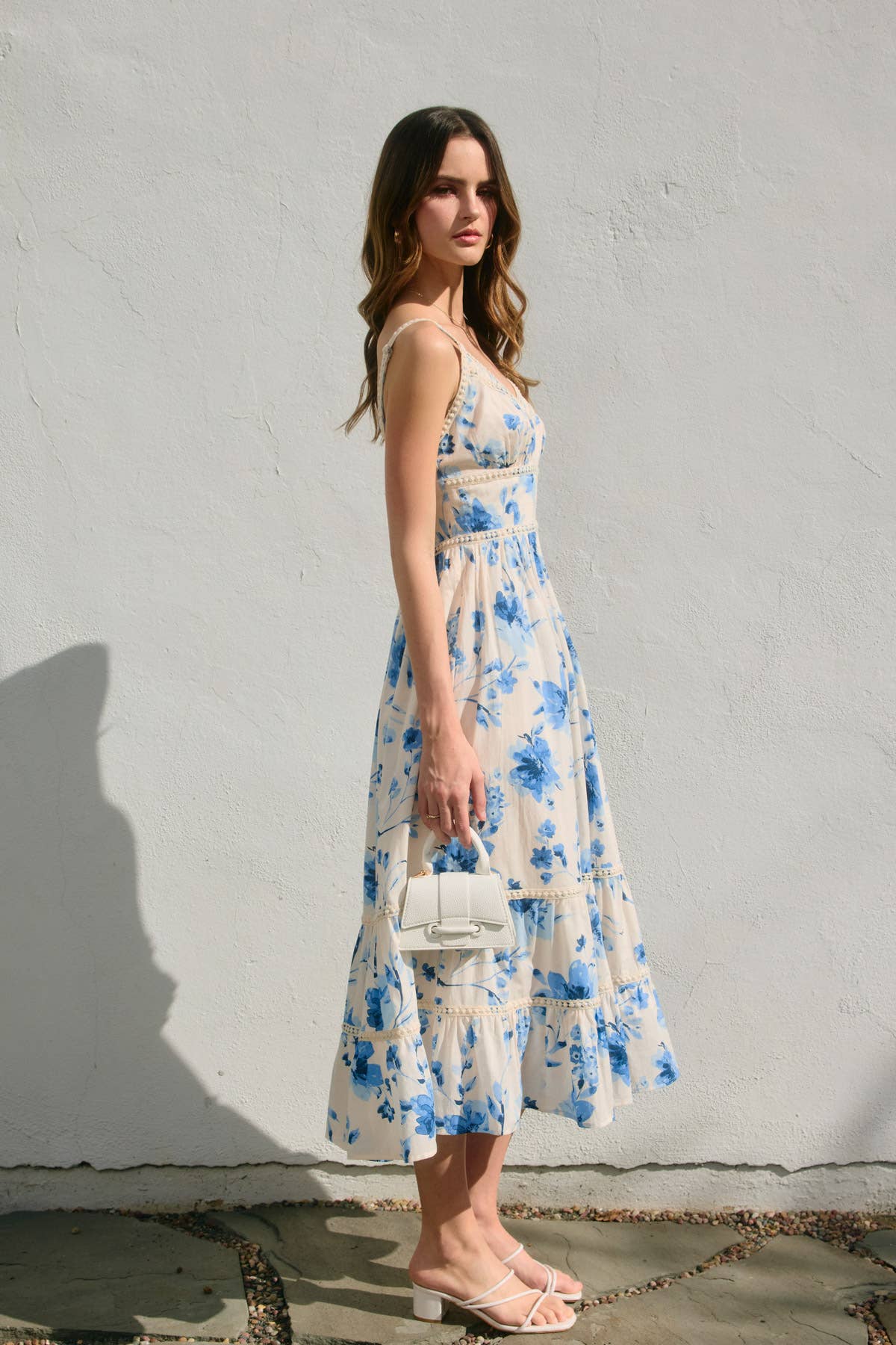 Azure Blossom Lace Trim Tiered Maxi Dress: BLUSHED BLUE / FD12907-P2127