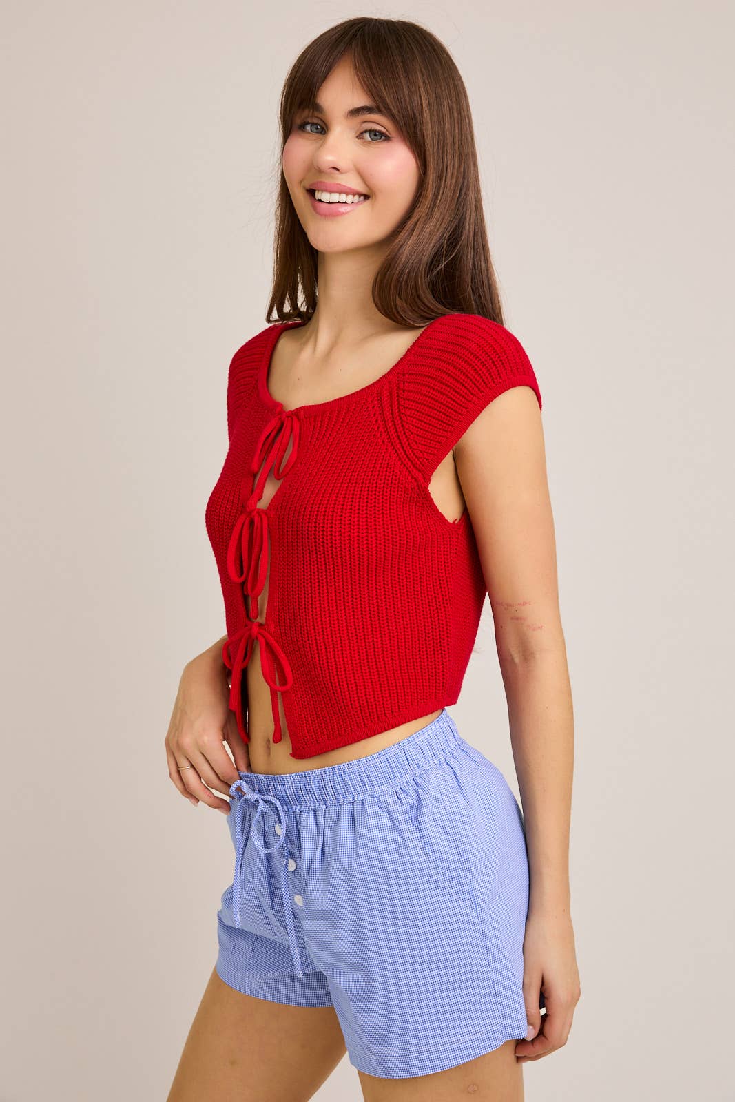 FRONT TIE SLEEVELESS SWEATER CARDIGAN: DK BROWN / BWJ1212