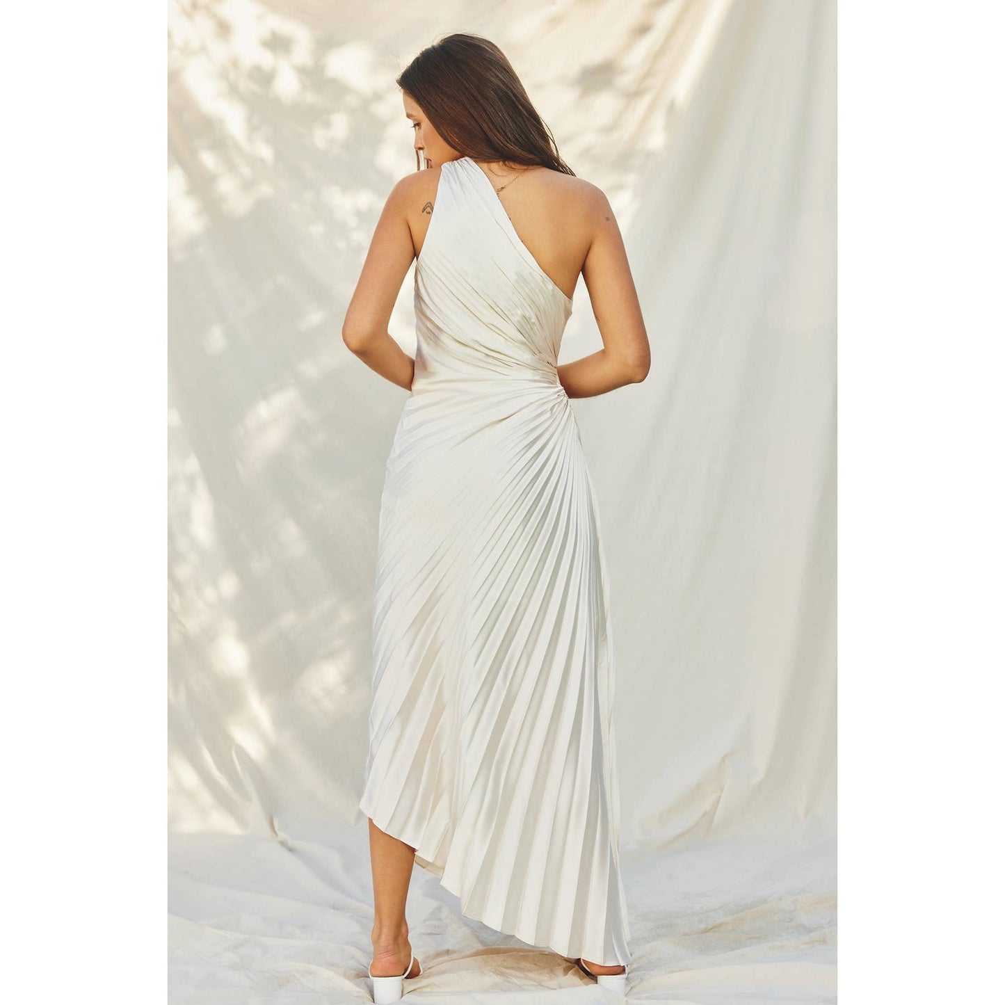 Olympia Asymmetrical Pleated Maxi Dress : BLUE SAPPHIRE