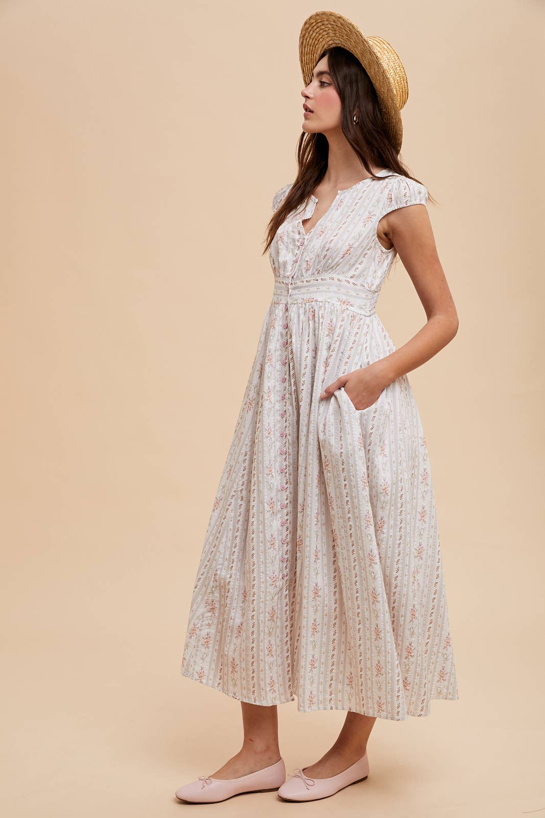COTTON FLORAL BUTTON DOWN MAXI DRESS: FRENCH BLUE / ILD6332
