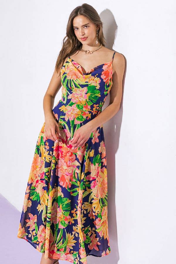 A printed woven midi dress - ID21223: NAVY