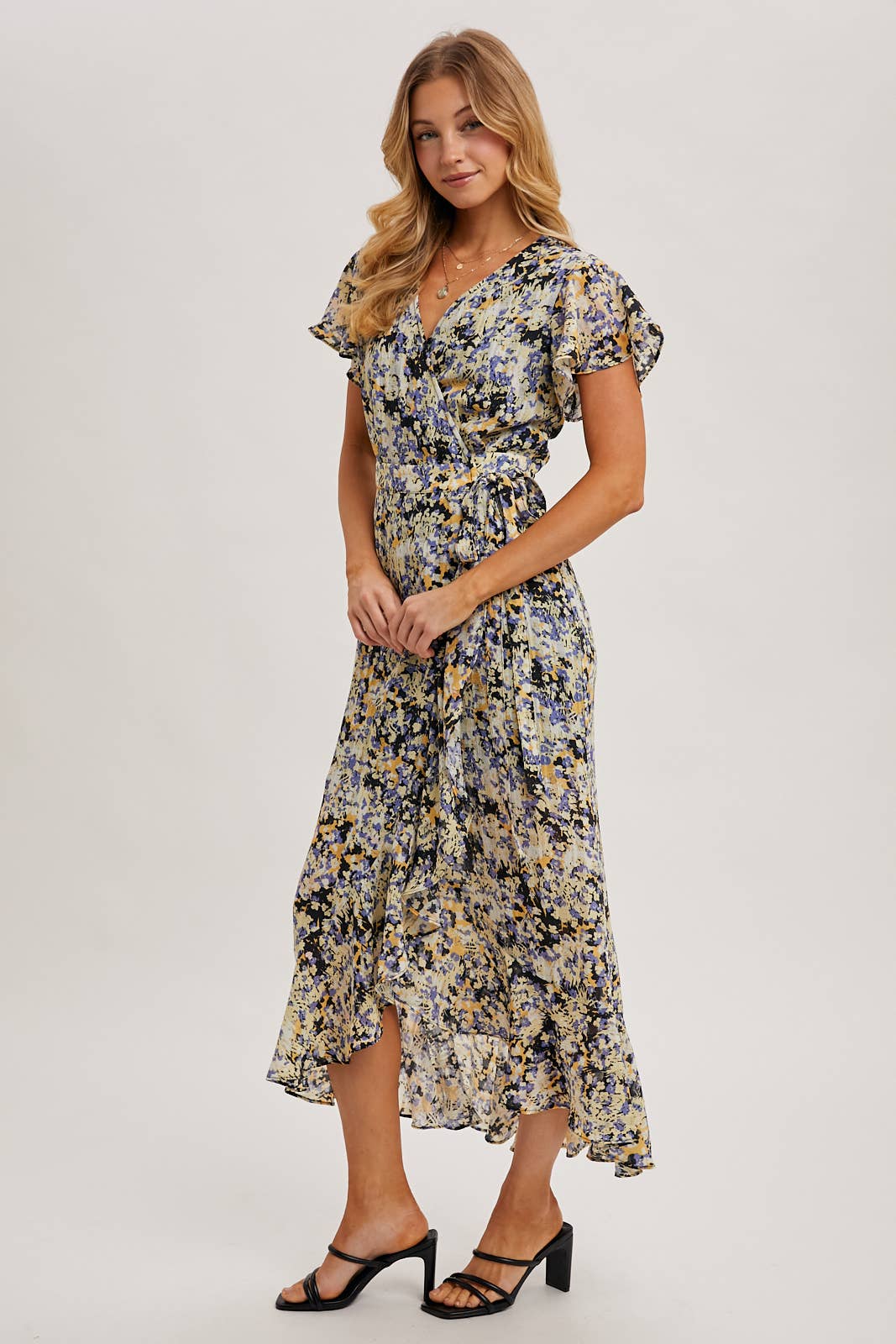 FLORAL PRINT WRAP RUFFLED MIDI DRESS: BLUE D02356
