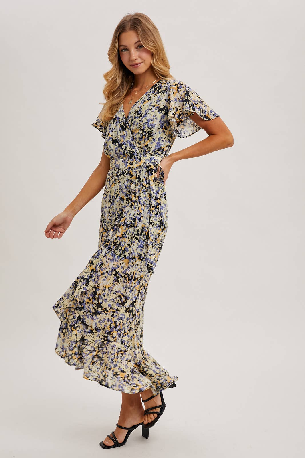 FLORAL PRINT WRAP RUFFLED MIDI DRESS: BLUE D02356