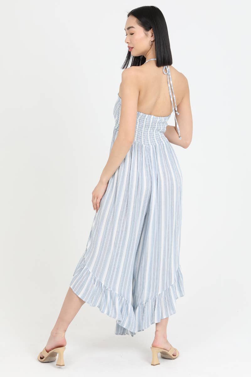 Q5X21-ML14 V NECK HALTER ANGLED HEM WIDE LEG JUMPSUIT