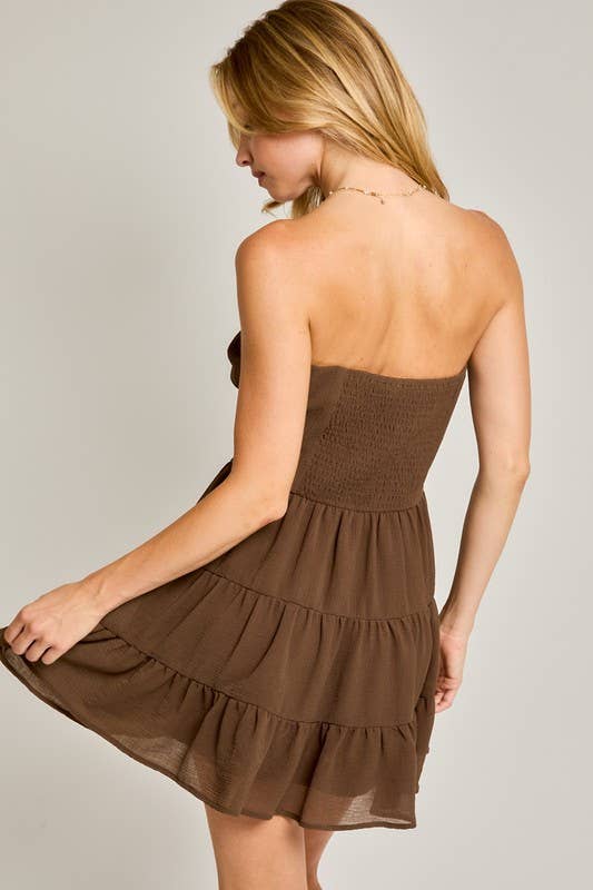 Strapless Button Down Smocked Back Tiered Dress: Brown / ID4766