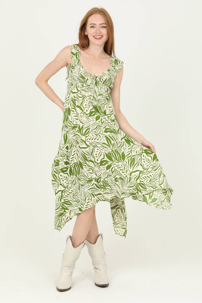 F4K73-FQ81 V NECK HANKY HEM OPEN TIE BACK MID LENGTH DRESS