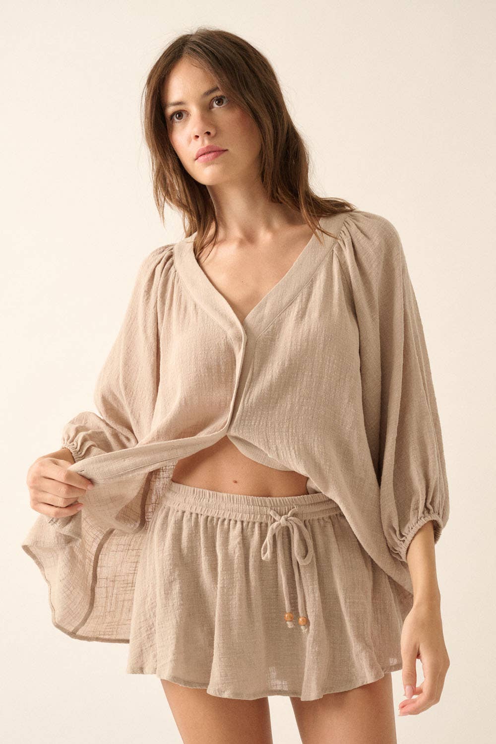 Textured Cotton Drawstring Bloomer Skort: STONE / UPB0419