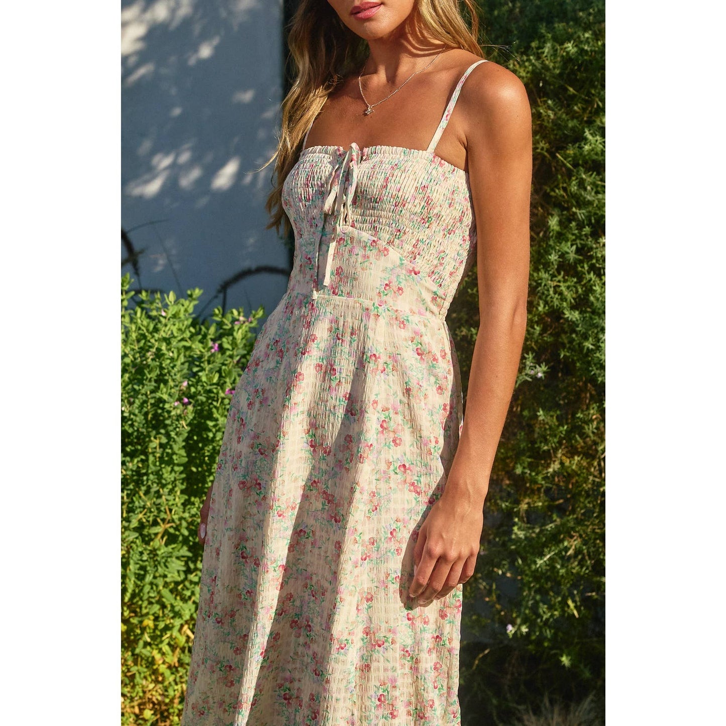 Whisper Lace Up Smocked Babydoll Dress: SPRING DITSY / FD11673-CP429