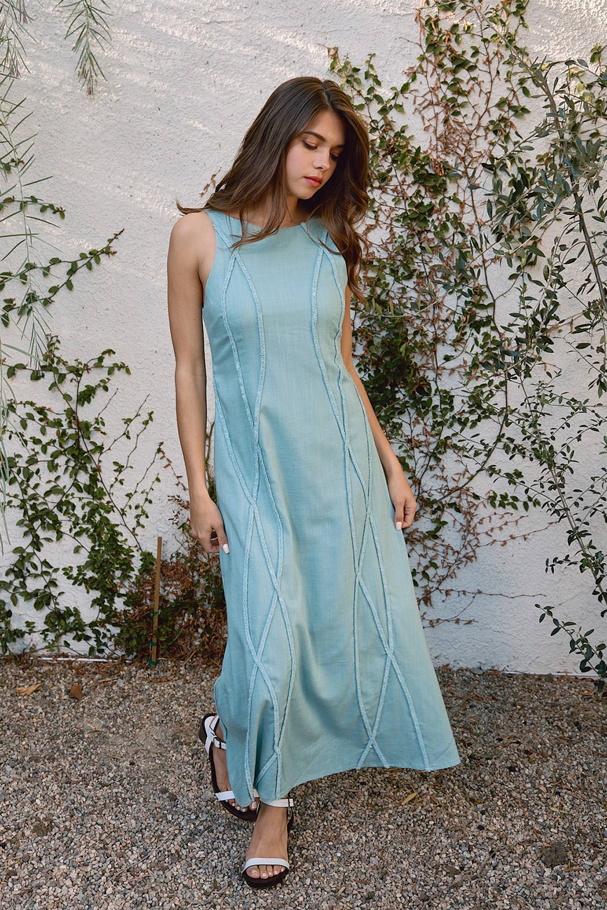 Wavy Trimmed Long Dress - RD1089: Beige