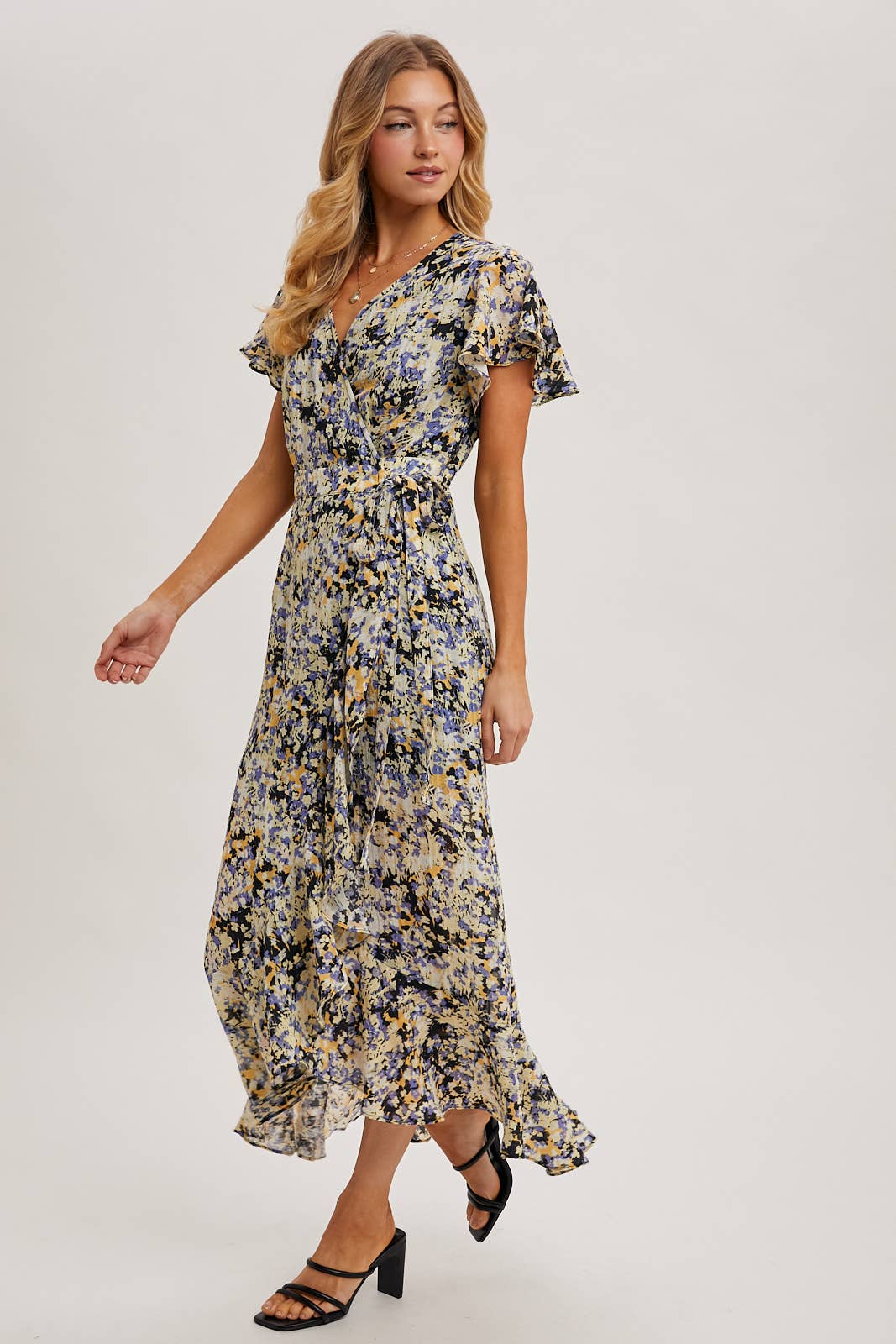 FLORAL PRINT WRAP RUFFLED MIDI DRESS: BLUE D02356