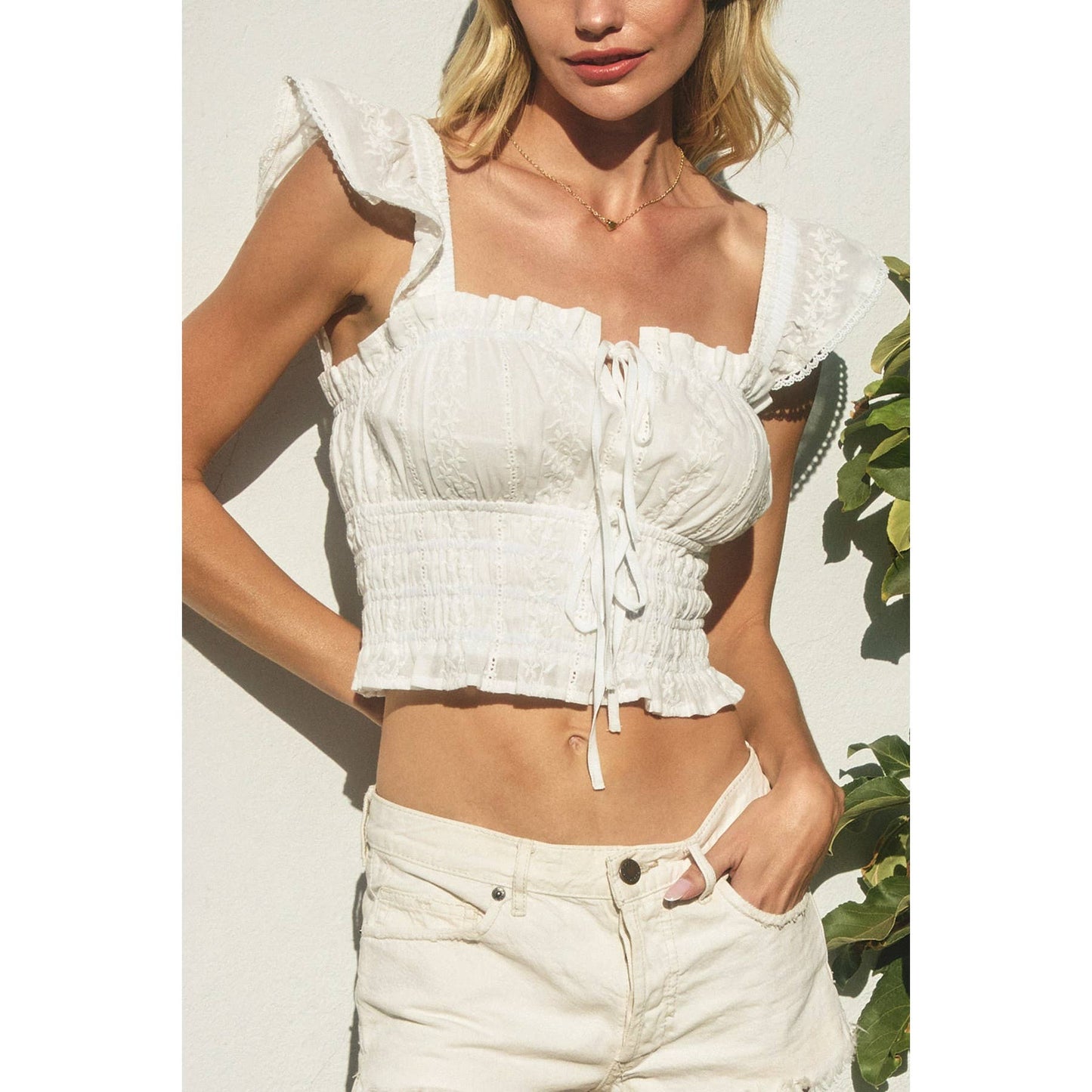 Sunbeam Eyelet Lace Trim Flutter Sleeve Top: CASHMERE BLUE / FT12699-CP486_1