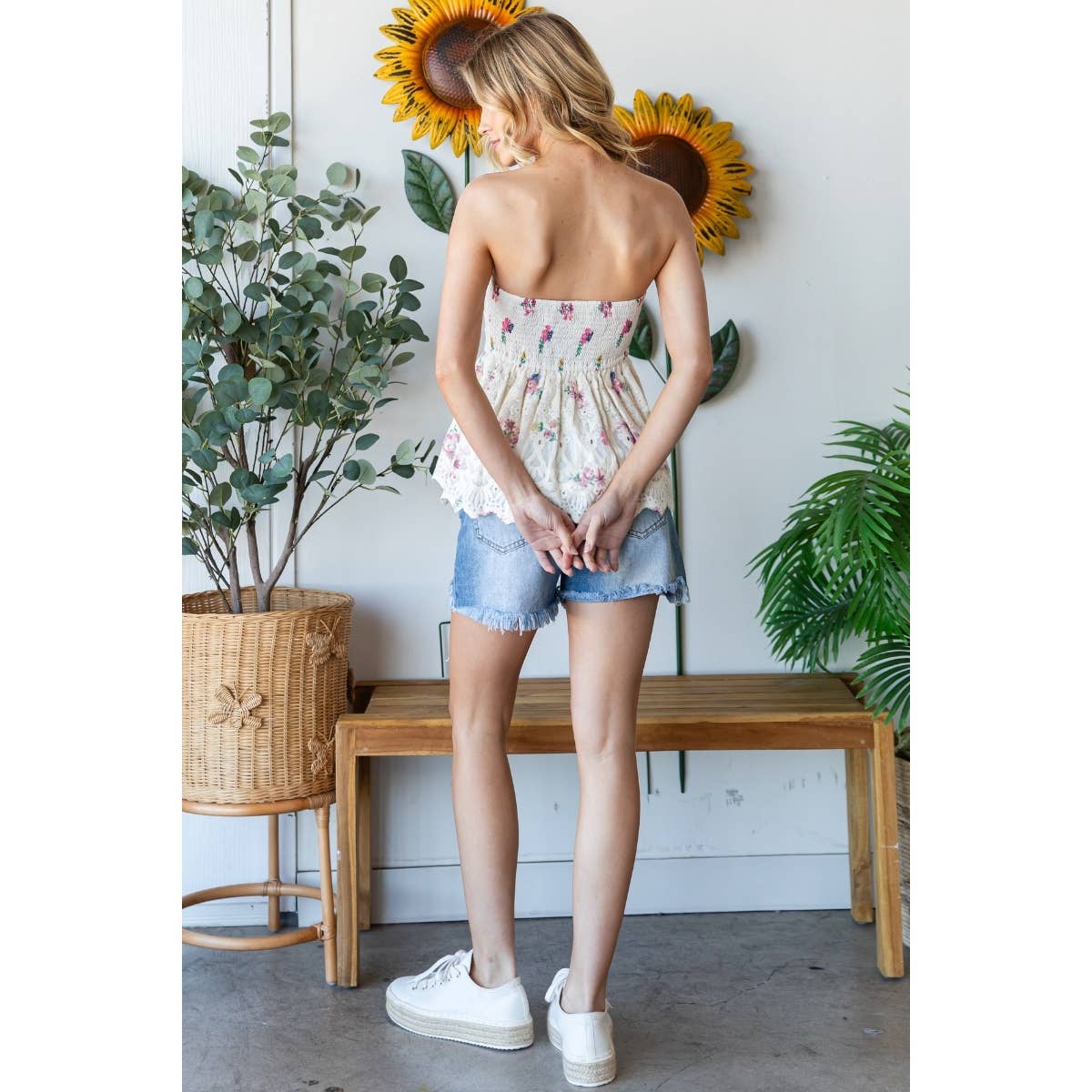Flower Printed Lace Tube Top: Blue Combo / VT71968-B1