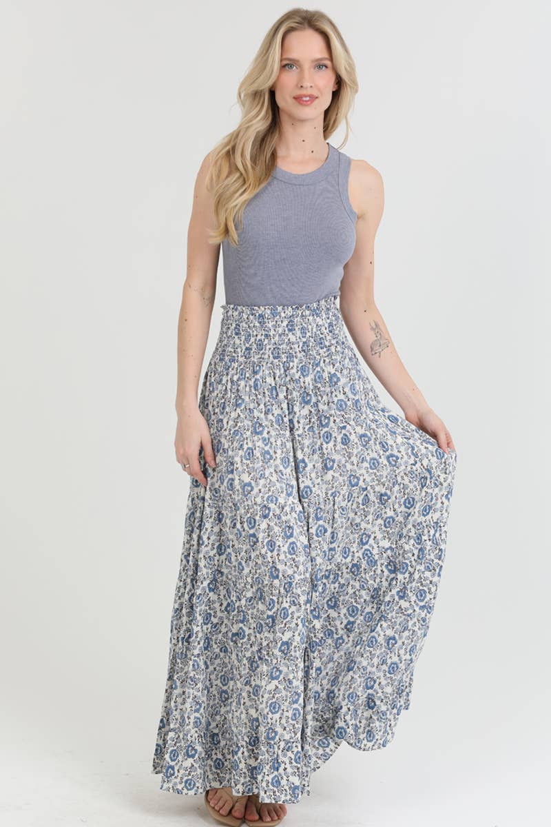 26P57-FR44 TIERED A LINE MAXI SKIRT WITH SMOCKED WAIST