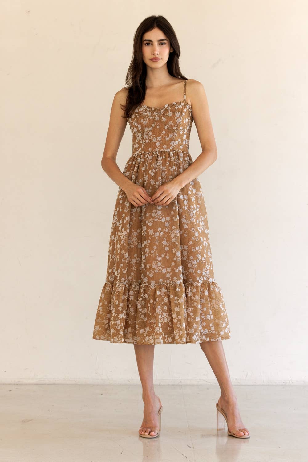 HD1724-39-FLORAL PRINT RUFFLED HEM MIDI DRESS: DK CORAL/FLORAL