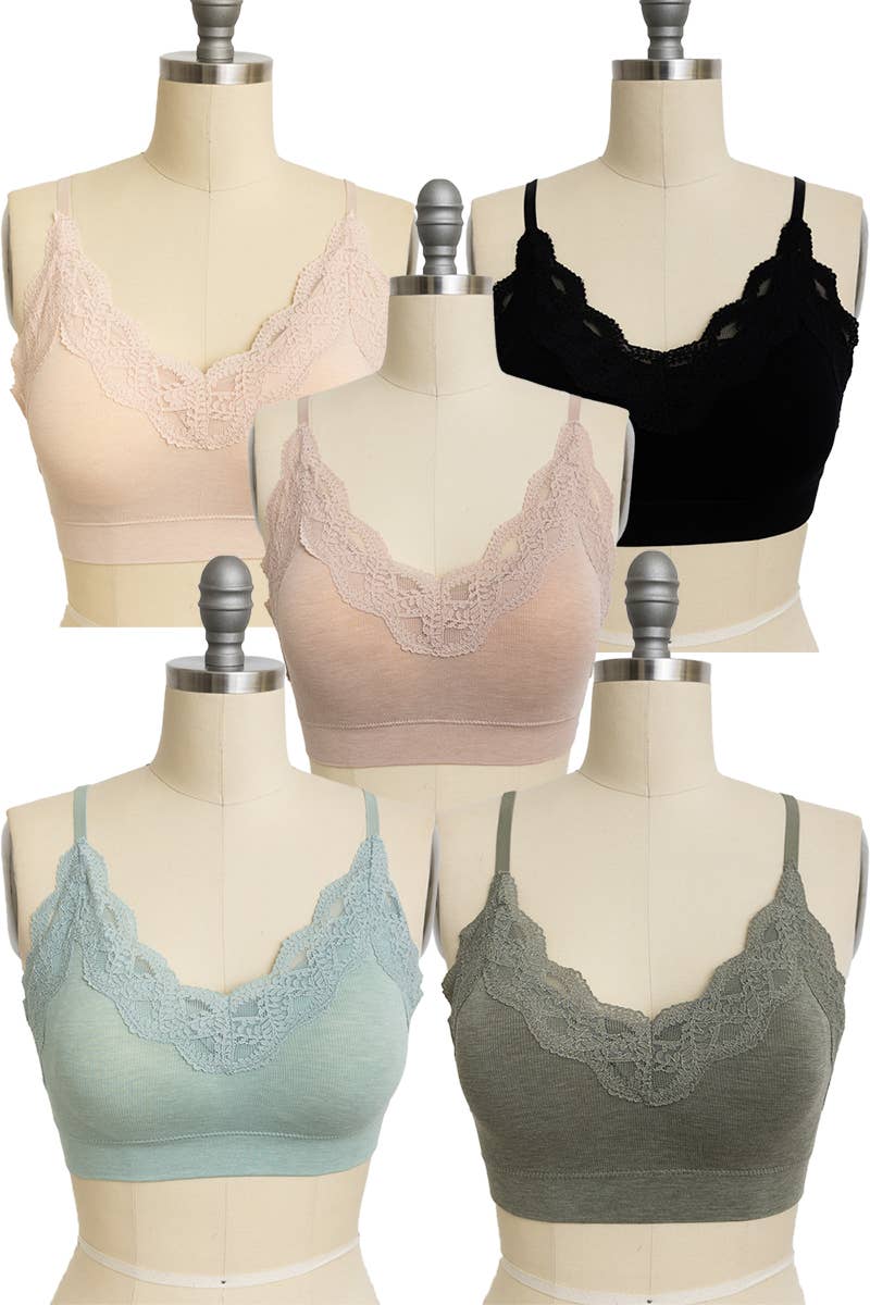 Ultra Soft Lace Trim Ribbed Padded Seamless Bralette: Olive
