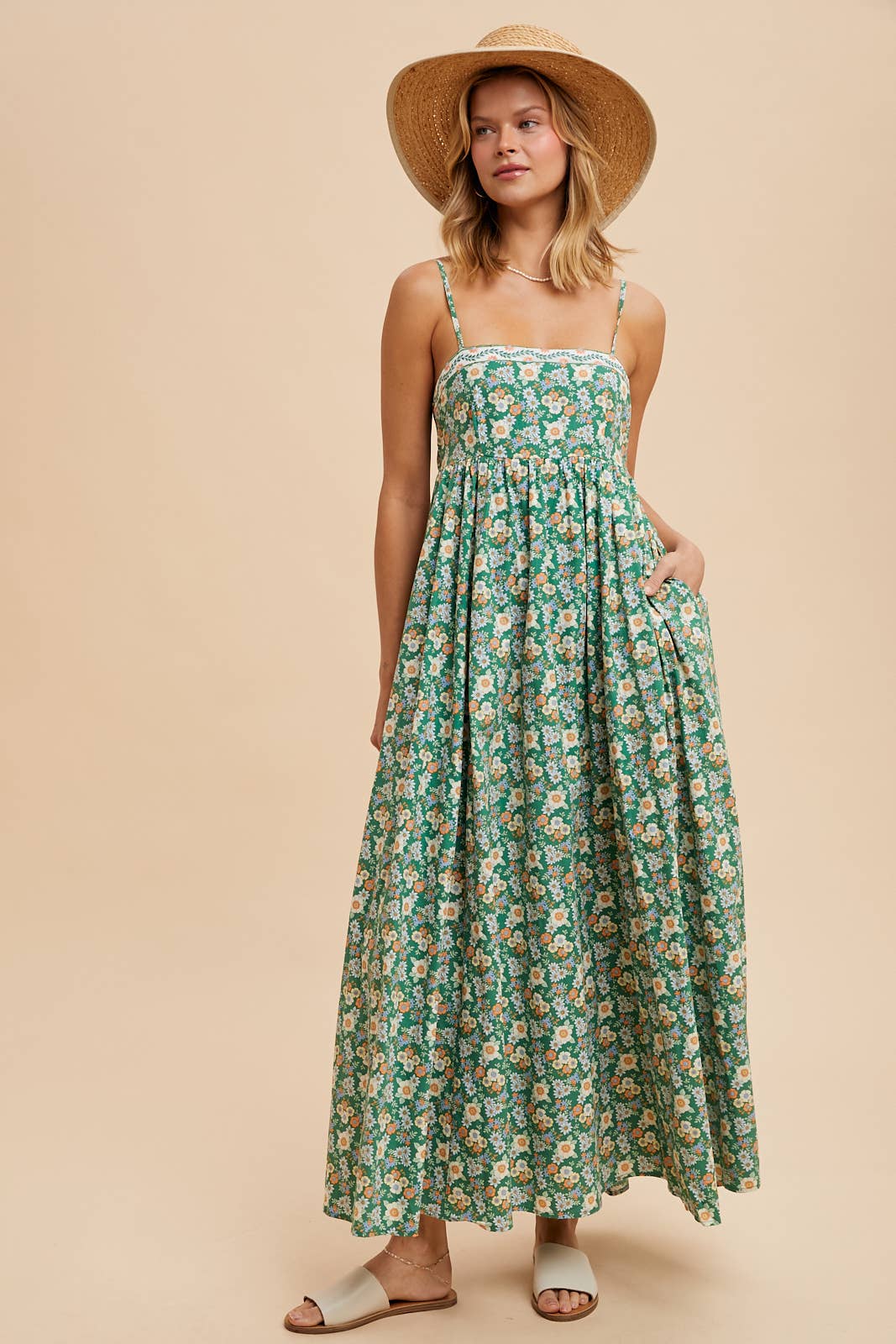 EMBROIDERED COTTON PRINT MAXI DRESS: GREEN FLORAL / ILD5705